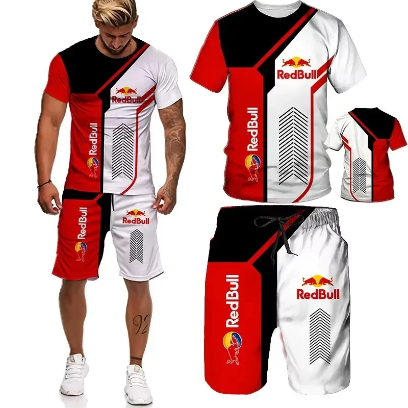 เสื้อยืดกีฬาผู้ชายกางเกงขาสั้นชุด 2025 ฤดูร้อน Red Bull 3D พิมพ์โพลีเอสเตอร์สบายรอบคอชุดมอเตอร์ไซค์