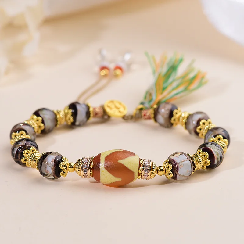 Original Design Fragrant Gray Glaze Tiger Tooth Tibet Beads Bracelet Colored Glaze Bracelet Simple New Chinese Bracelet