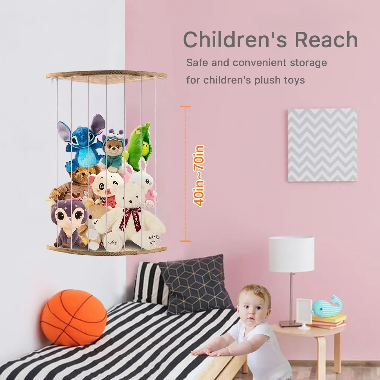 Immagine 4: Organizzatore per peluche, scaffale angolare in legno, contenitore per mascotte, cesto portaoggetti per giocattoli e libri per la cameretta dei bambini