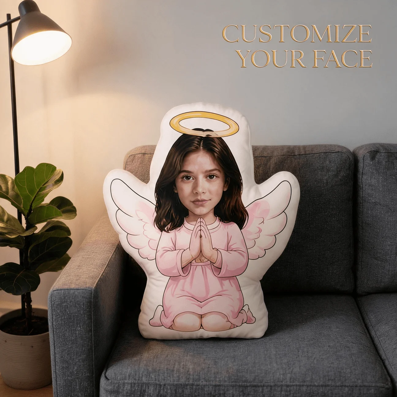 Custom Photo Angel-Shaped Pillow, Personalized Portrait with Wings And Halo Decorative Cushion, Unique Home Decor Accent for Sof