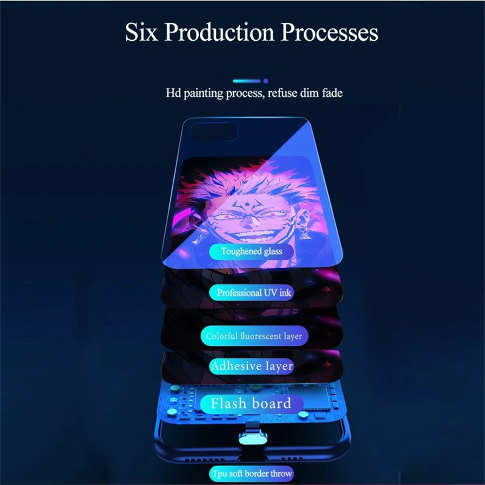 Cool Japan Anime Design Smart LED Light Glow Tempered Glass Phone Case For iPhone Air 17 16 15 14 13 12 11 Pro Max Plus view 6