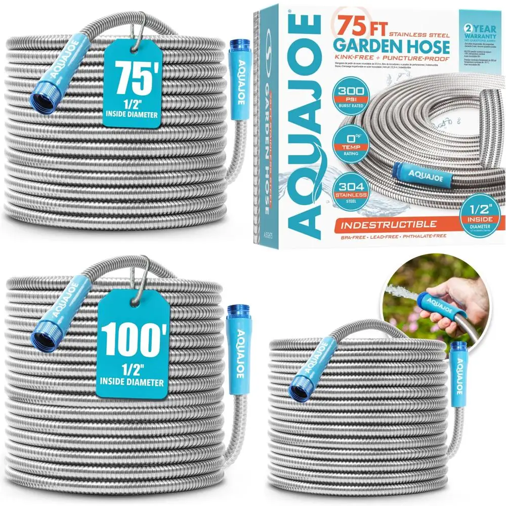 

Heavy-Duty 1/2-Inch Puncture-Proof Kink-Free Spiral 304 Stainless Steel Garden Hose, 75-Foot Length, Long-Lasting Durability
