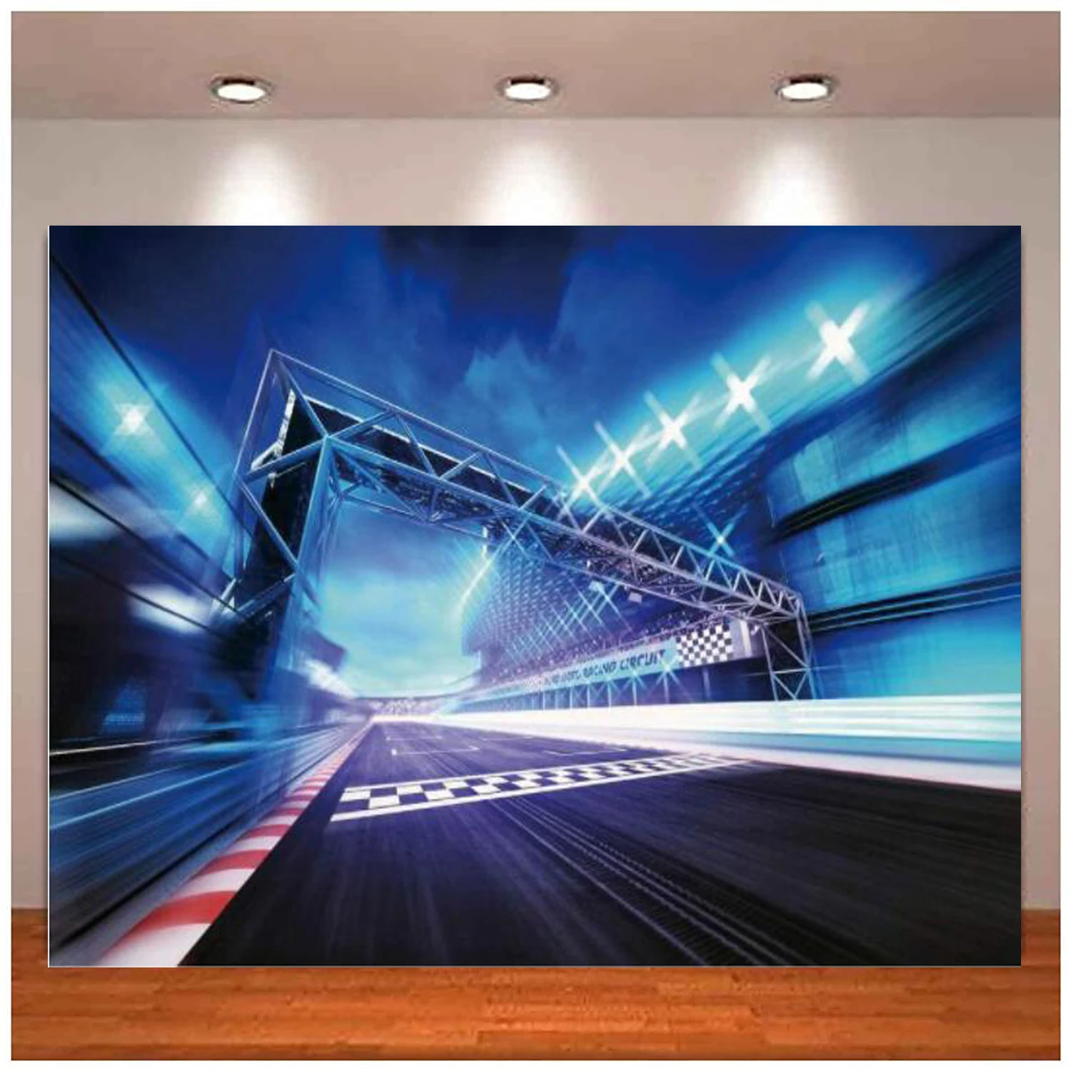 

Racetrack Photography Backdrop Racing Sport Sportlights Finish Line Race Track Background Birthday Party Banner Bleachers Auto