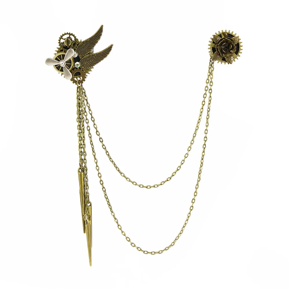 Steampunk Style Swallow Gear Rose Chain Brooch Gothic Chain Tassel Shirt Collar Pin Trendy Cool Collar Pin Clothing Decoration