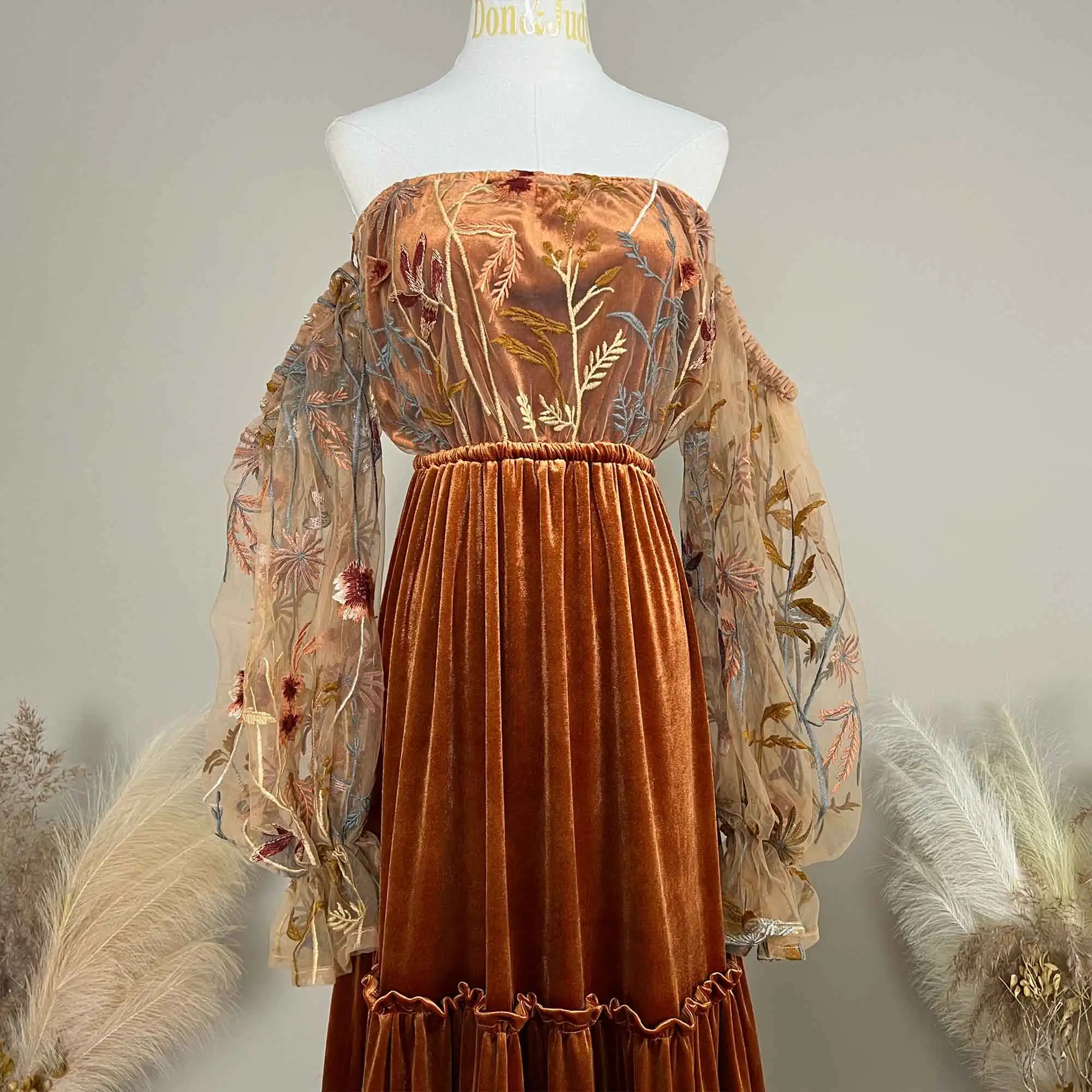 

Don&Judy Rust Orange Velvet Evening Gown with Floral Embroidered Sheer Sleeves and Tiered Waist for Formal Event for Photography