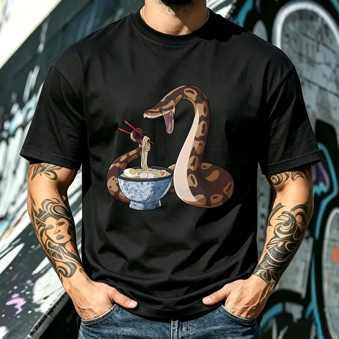washed T Shirt Funny Ramen Snake Ball Python S 4XL vintage Washed Breathable Slightly Casual Versatile Comfortable fashion