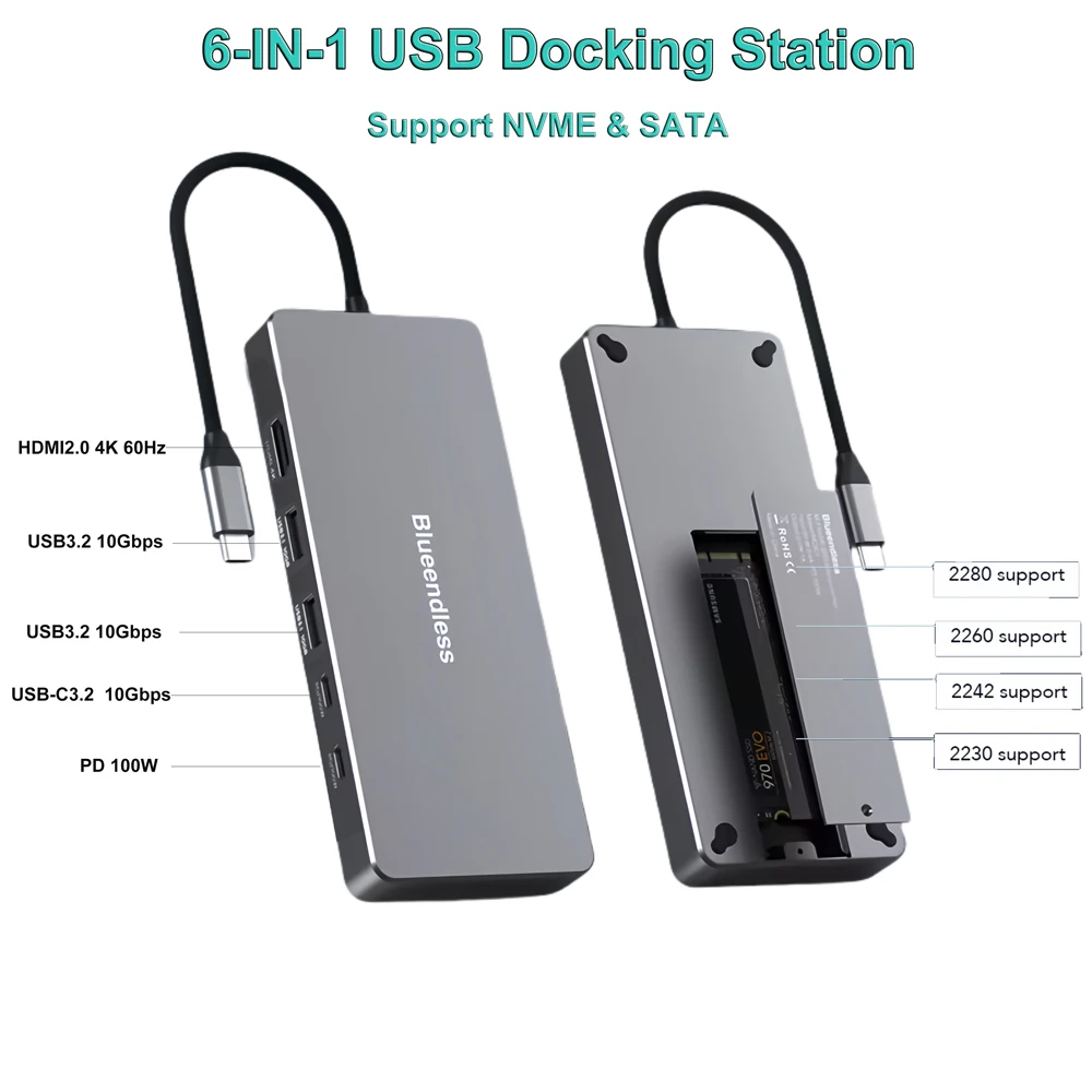 

Внешний накопитель 6 в 1 с функцией хранения диска USB3.2 Type-c к HDMI M.2 SSD корпус с поддержкой NVME и SATA жесткий диск для ноутбука и ПК