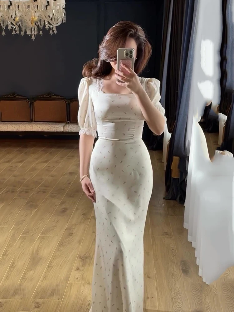Chic Satin Printing Lace Up Dresses Spring Women Puff Sleeve Square Neck Long Dress Summer High Waist Slim Ankle Length Dress