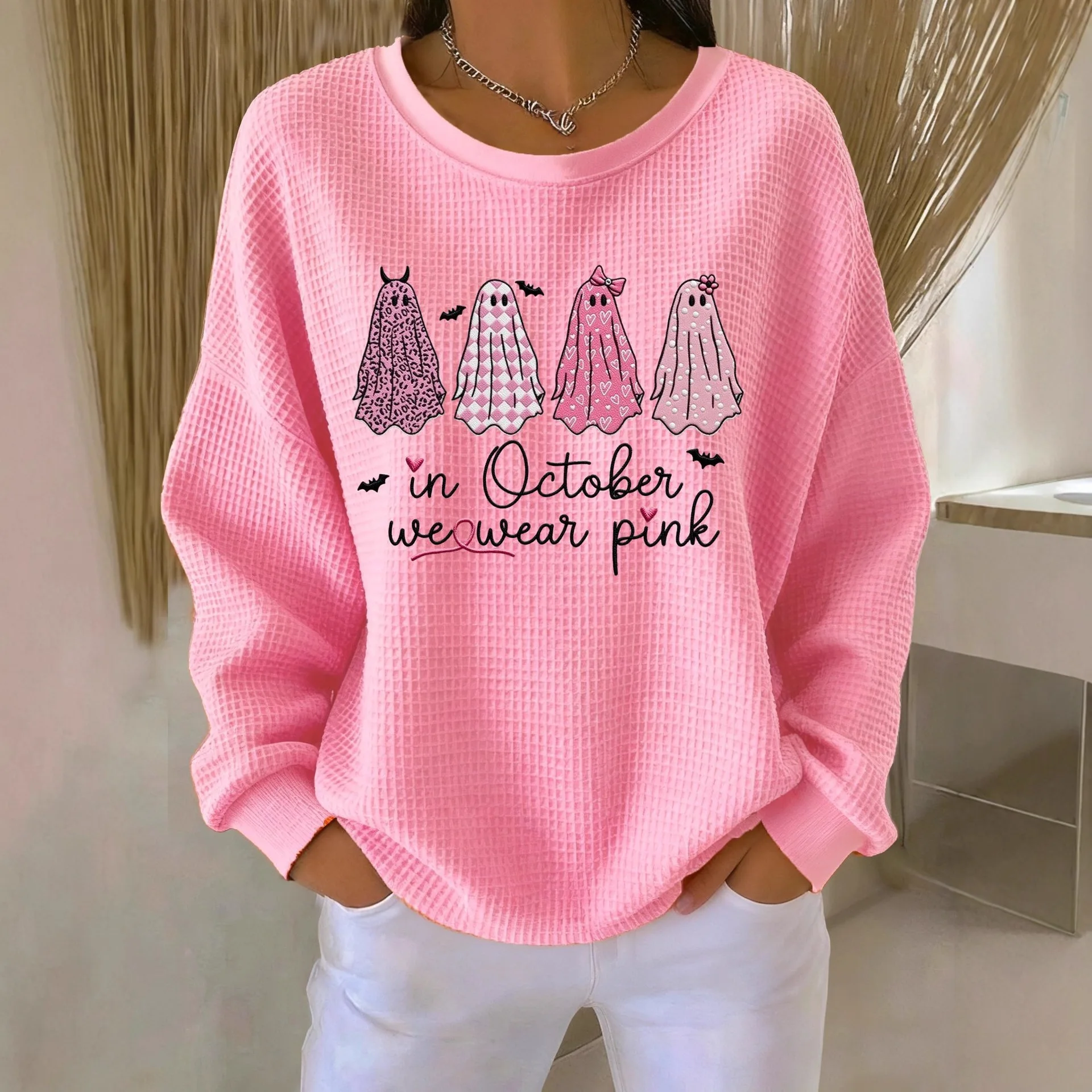 Women's Waffle Knit Halloween Sweatshirt Crew Neck Long Sleeve Cute Ghost Print Pullover Pink October Casual Top