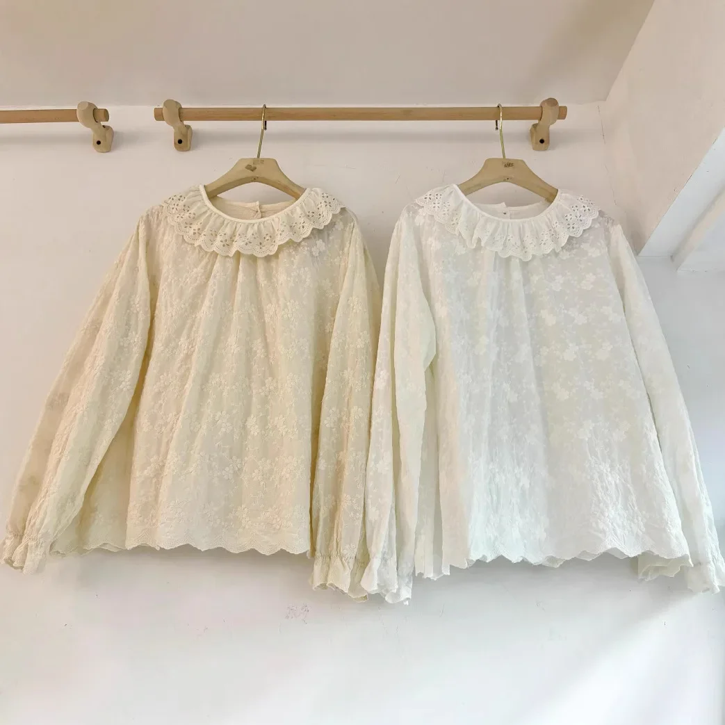 Spring New Japanese Mori Girl Lace Embroidery Cotton Shirts Women Ruffled Collar Long Sleeve Solid Color Casual Loose Cute Tops