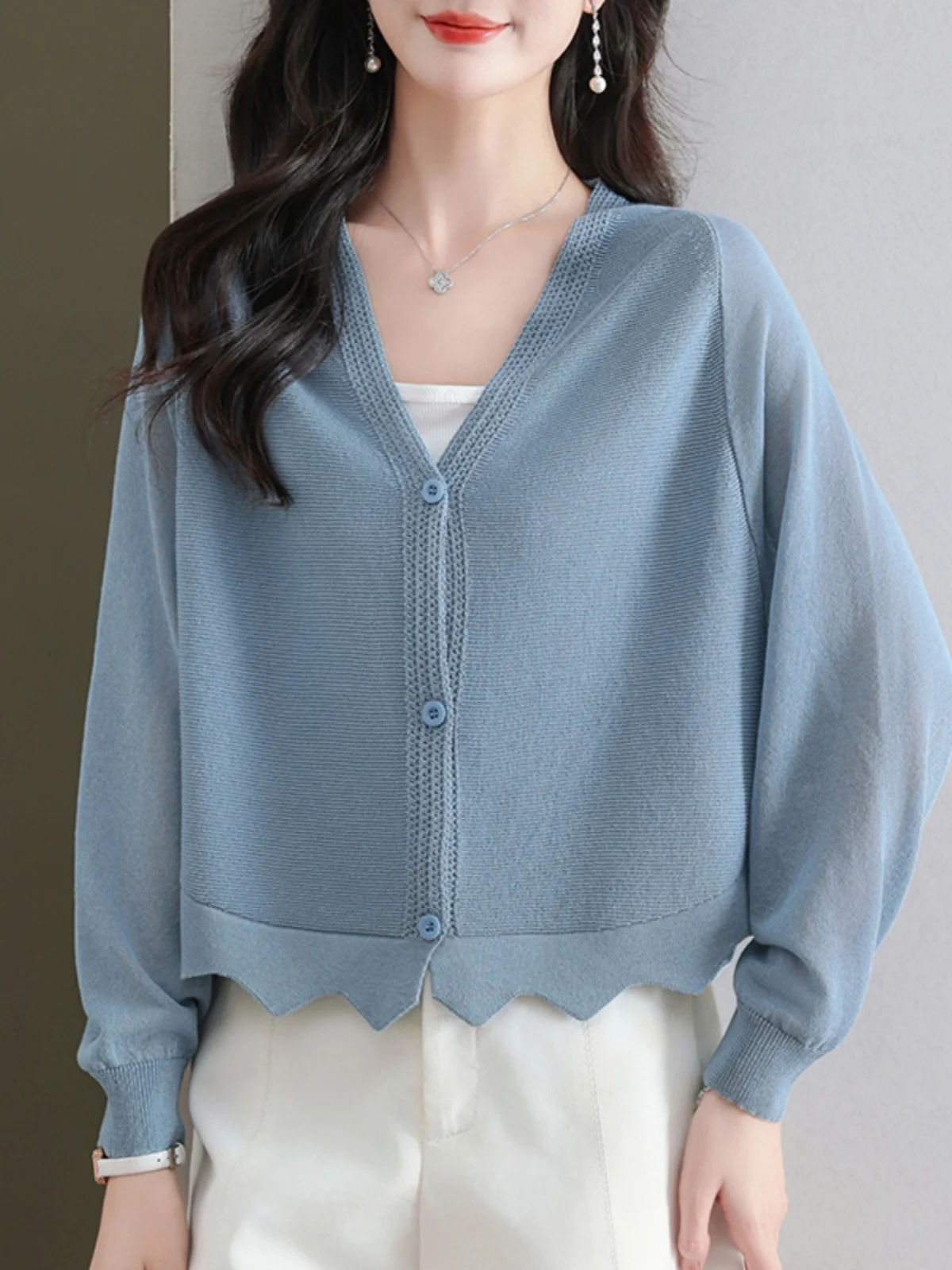 

Ice Silk Sunscreen Knitted Cardigan Jacket for Women's Thin Summer Shawl with Suspender and Short Air-conditioned Cover Up