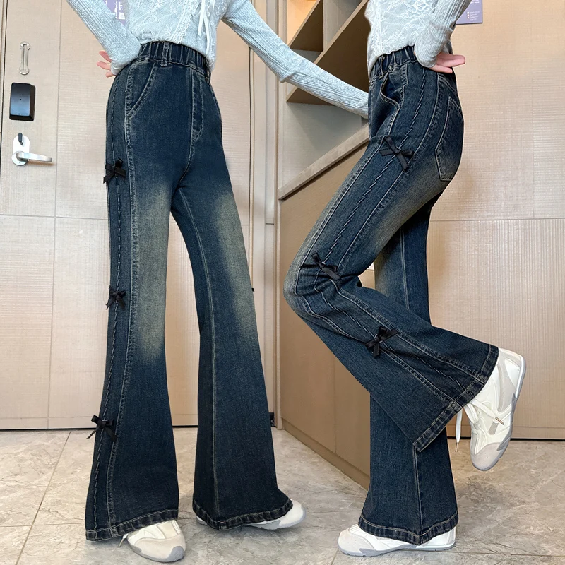 

Tweens Children Fashion Flared Jeans with Bows for Teenage Girls Autumn Casual Boot Cut Denim Pants Kids Slim Fit Jeans Trousers
