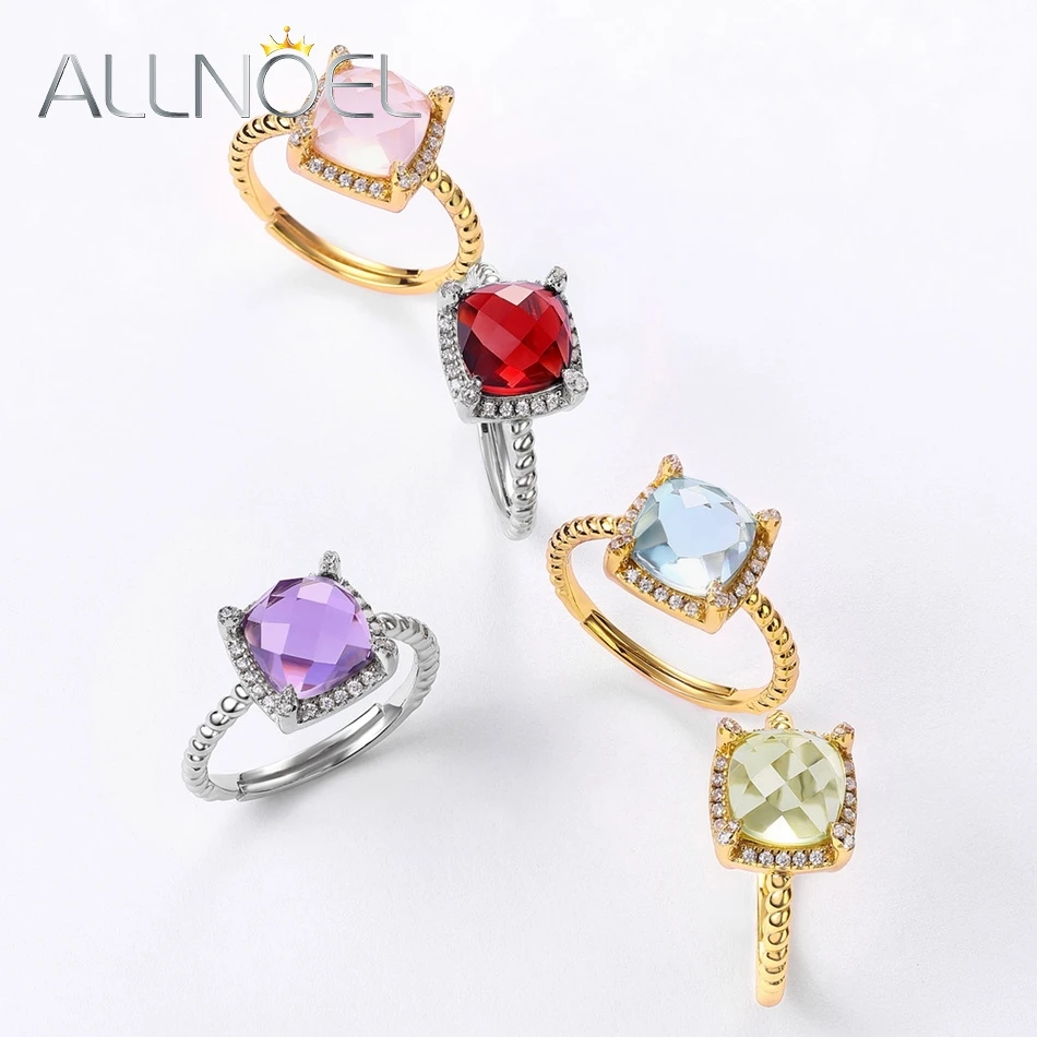 

ALLNOEL 925 Sterling Silver Resizable Ring For Women Natural Rose Quartz Garnet Amethyst Citrine Rings Gold Plating Fine Jewelry