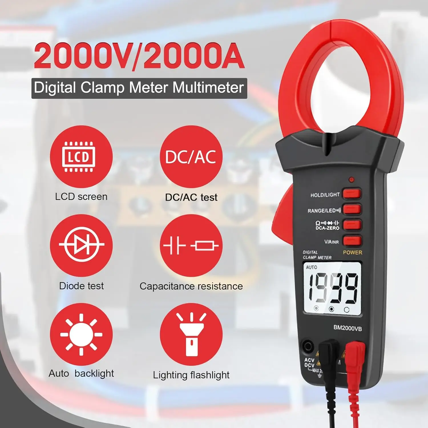 2000 Counts Clamp Meter - DC Amp Multimeter with Voltage, Resistance, Capacitance, Continuity, and Temperature Measurement