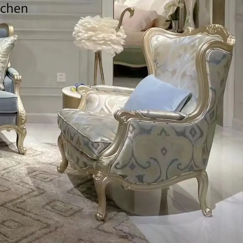 CZ French Style Solid Wood Carved Combination Blue Fabric Sofa Champagne Gold Living Room Villa Furniture