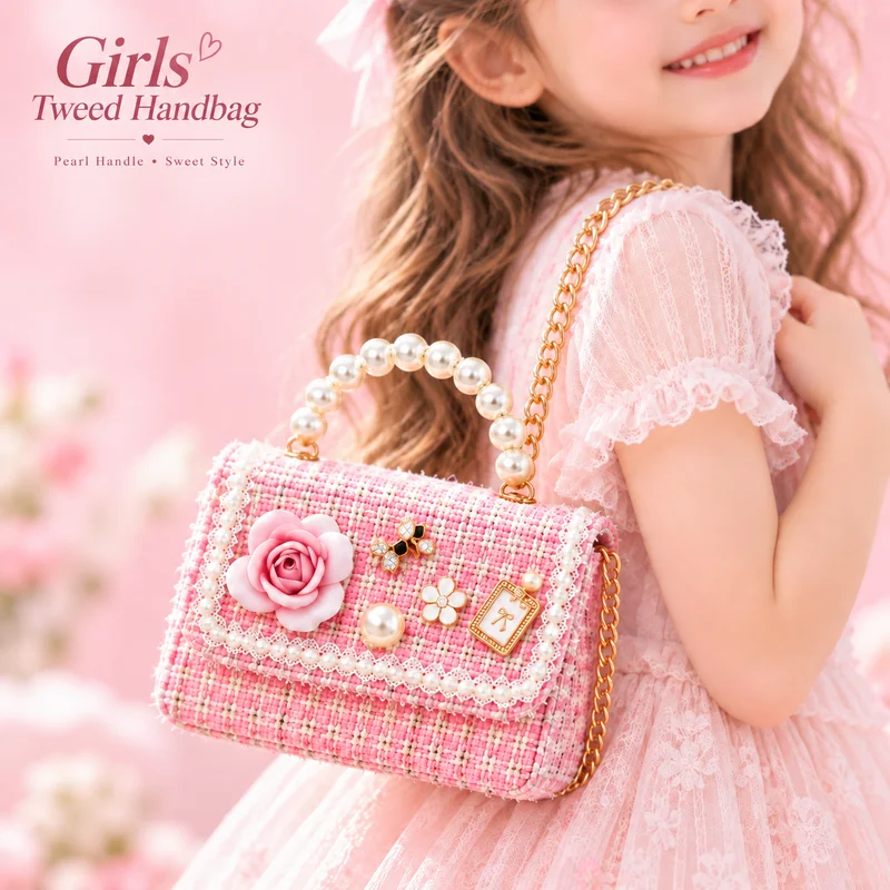 Girls Tweed Pearl Handle Crossbody Bag, Cute Camellia Lace Mini Handbag for Princess Party Flower Girl Wedding Birthday Gift Pur