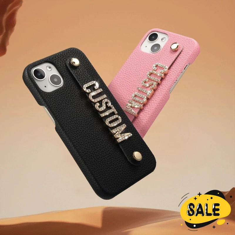 

Lychee Pattern Genuine Leather Phone Case for iphone 16 15 pro max 16plus Simple Design Holding Strap Anti-drop Protector Cover