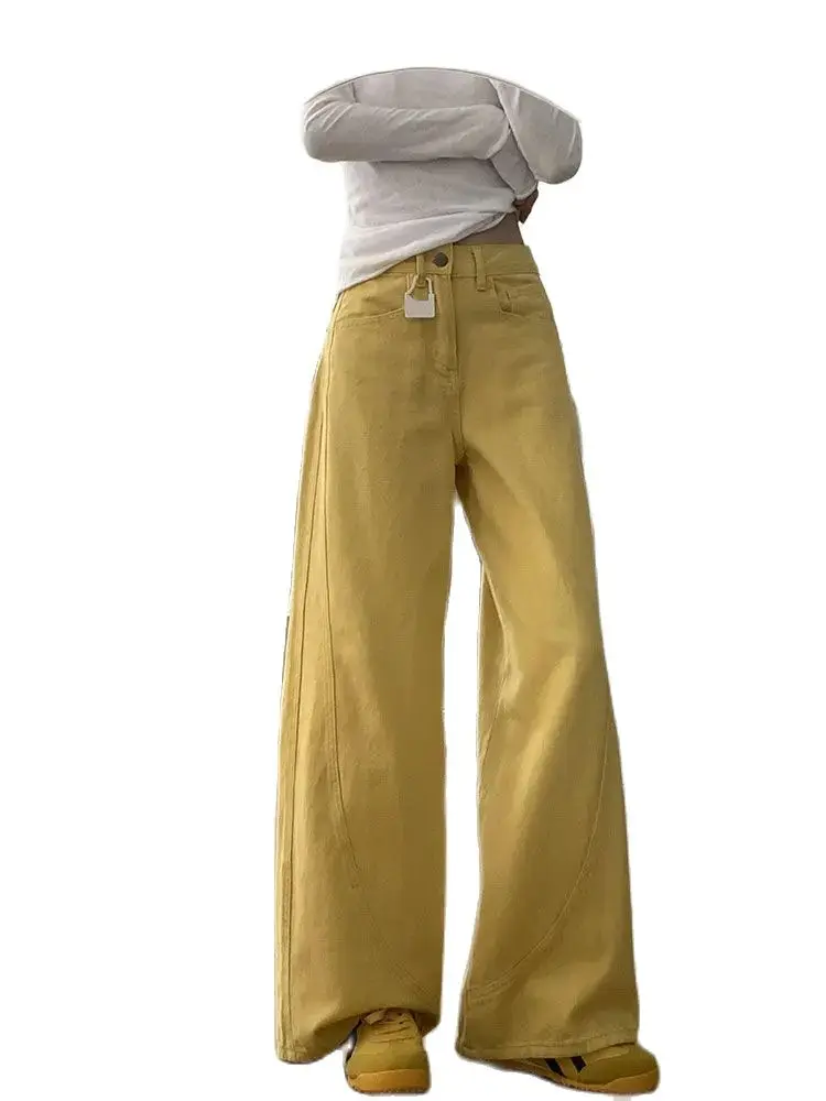 Wide-Leg Jeans, Retro High Street Yellow Women\'S Autumn New High-Waist Style Slim Straight-Leg Floor-Length Jeans