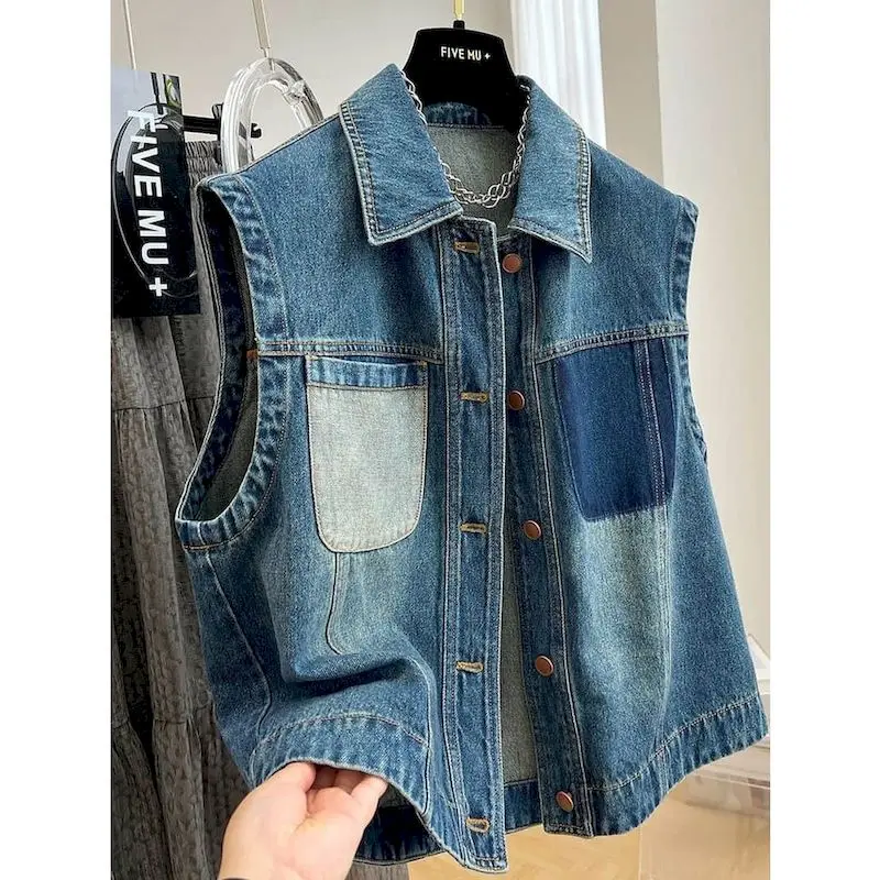 Denim Vest  for Women Polo-neck Waistcoats Aesthetic Casual Cardigans Korean Style Oversized Sleeveless Coats Women Clothing