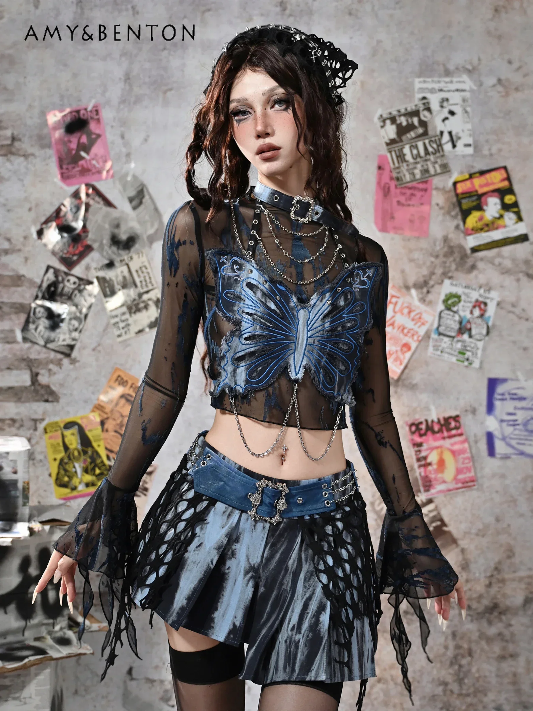 Y2K Punk Style Rock Irregular Pleated Skirt Heavy Industry Rhinestone Belt Splicing Color Low Waist Mini Skirt Subculture Skirts