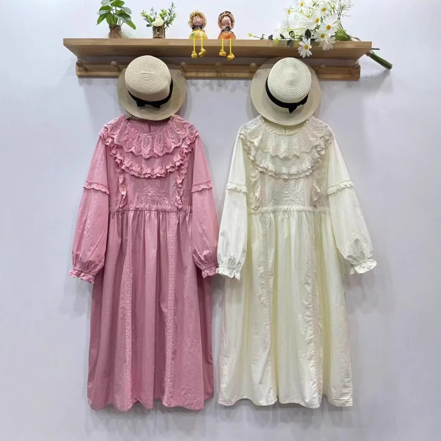 [Stock prêt] haute qualité femmes 100% coton Blouse chemise à manches longues robe couleur unie doux dentelle robes en dentelle