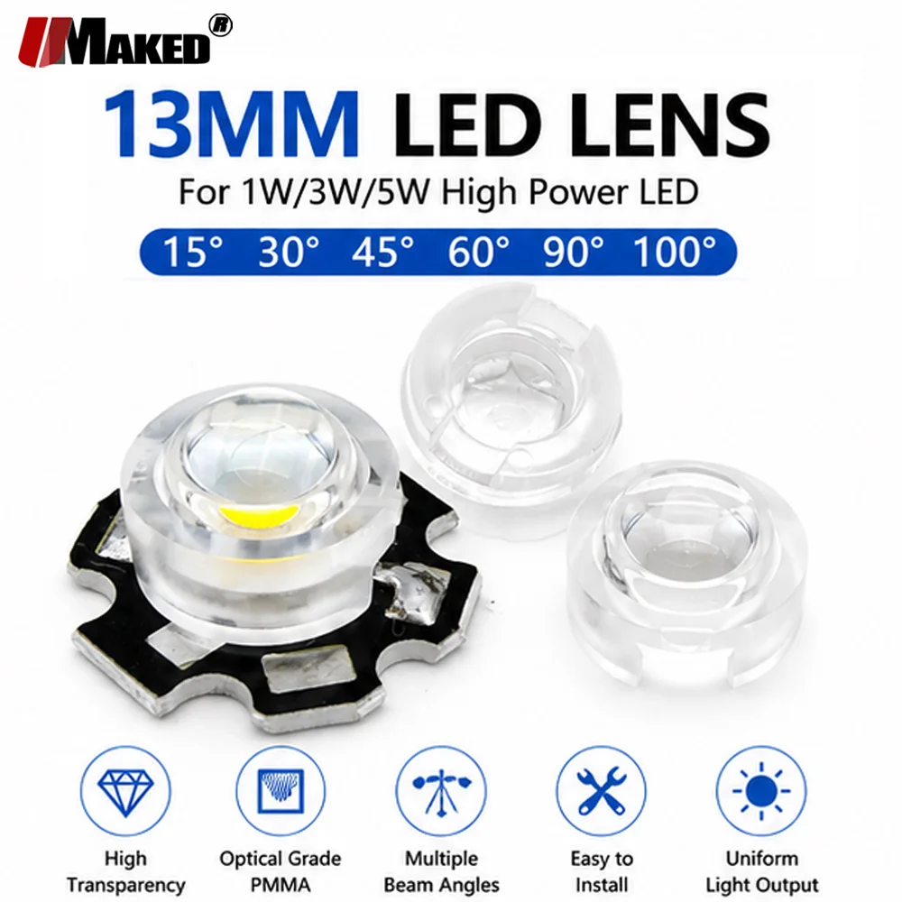 13mm 1W 3W Mini LED Lens 15 30 45 60 90 100 Degree for IR CCTV LED PCB Convex Acrylic Lens With Holder Reflector Collimator