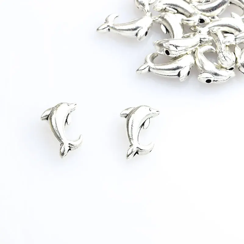 20pcs Cute Dolphin Antique Silver Color Alloy Beads 0.7mm Small Hole Animal Metal Bead DIY Jewelry Bracelet Necklace Accessories