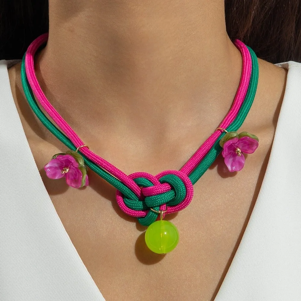 Exaggerated Bow Pearl Knotted Design Necklace Trendy Leaves Starfish Scallops Drawstring Pendant Colorful Chunky