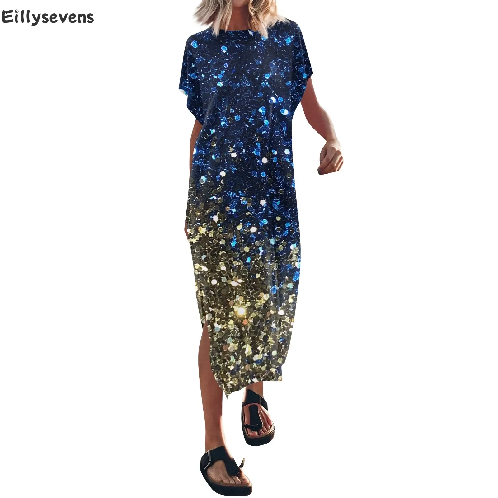 

Women's long Dress Summer party Sequins dresses beach Printed batwing Sleeve Split skirts Round Neck Casual Loose ropa de mujer