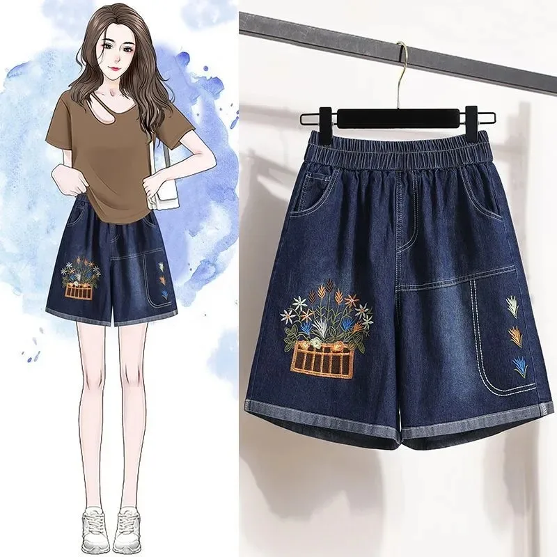 レディース ダークウォッシュ デニム ショートパンツ ウエストゴム 花柄 バスケット刺繍 カジュアル デイリー サマーショートパンツ