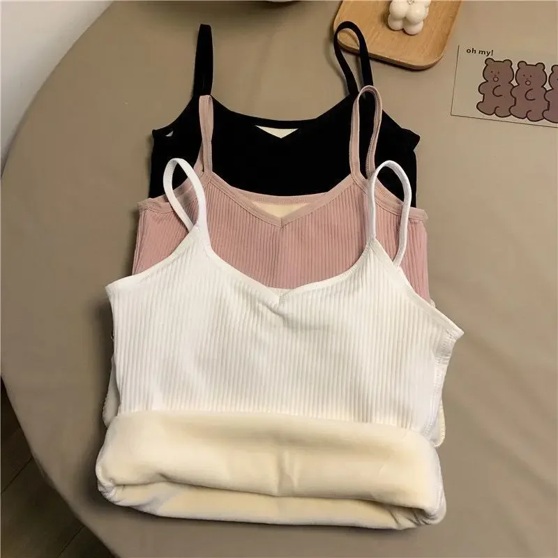 Chaleco acolchado de terciopelo para mujer, ropa interior térmica delgada de Color sólido, camisola cálida, Top con tirantes