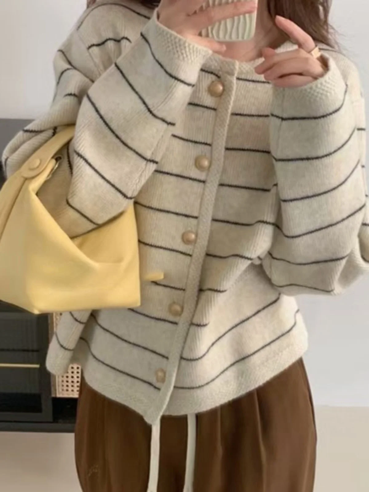 

Spring Autumn Women's Knitted Outerwear Open Cardigan Sweater round Ne Stripe High-End Feeling Top Long Sve Regular Length