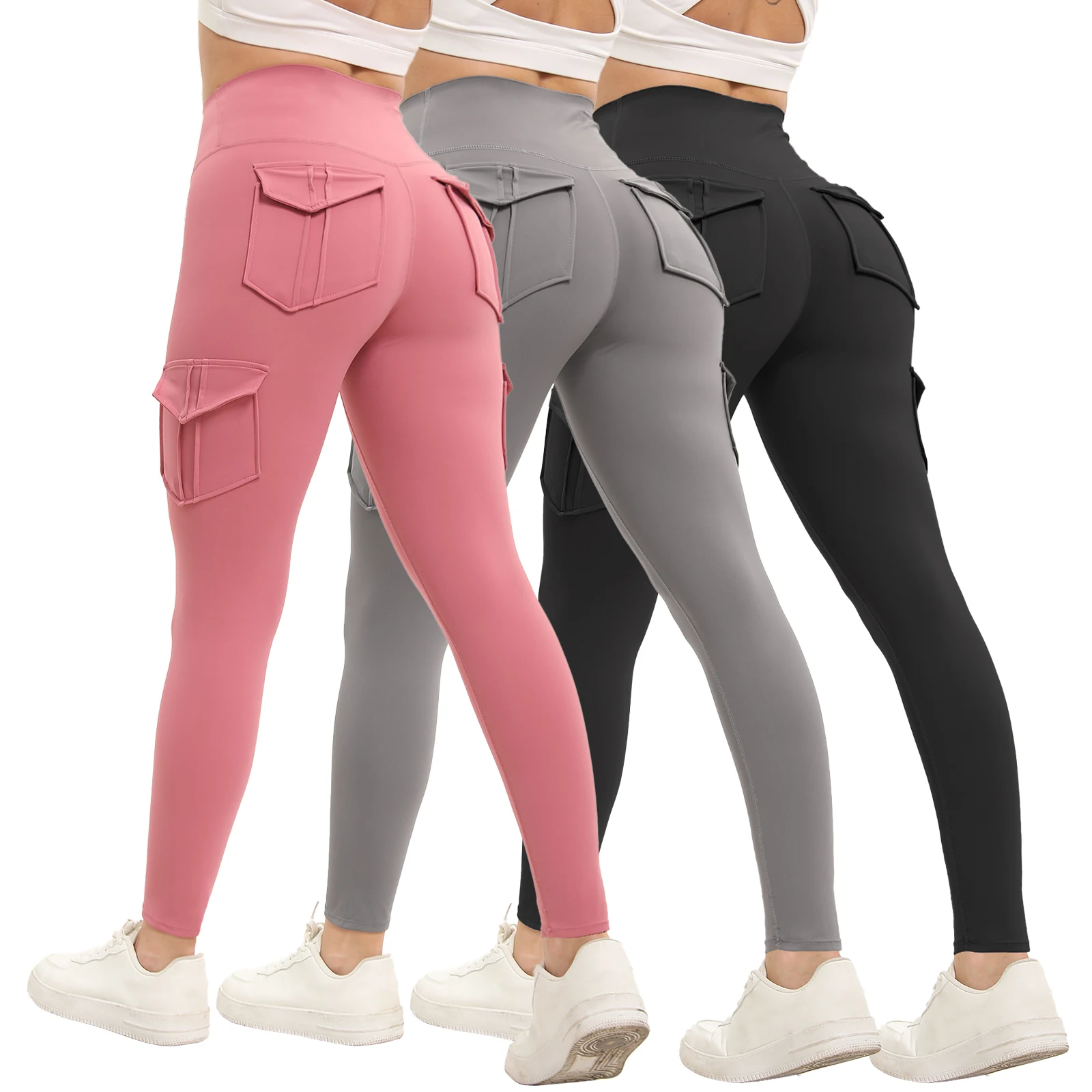 

3PCS Women's Solid Color Gym Leggings High Waisted Fitness Yoga Pants Practical Pocket Stretch Outdoors Sports Cargo Styles