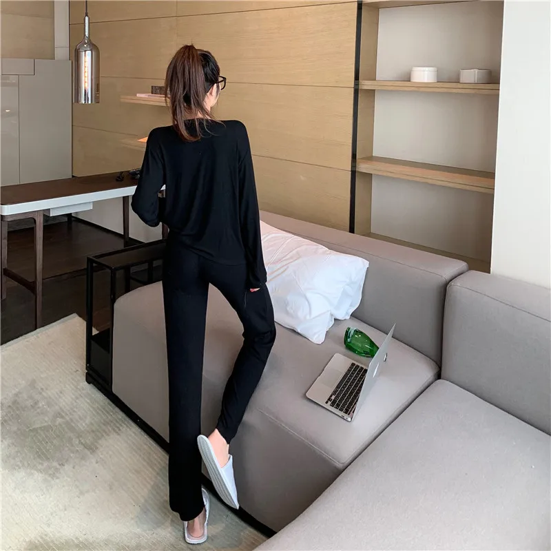 Fdfklak Women Pajamas Suits 2024 Spring Autumn New Sleepwear Casual V-Neck Female Night Wear Black/Gray 2Pcs Homewear Set