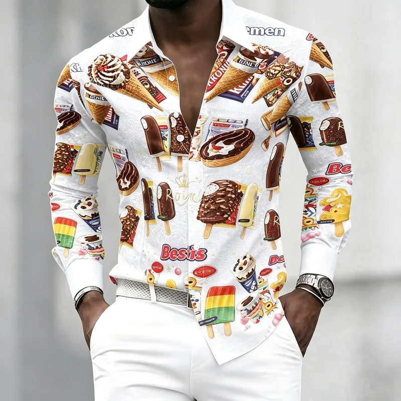 Men's collared long-sleeved shirt with fun ice cream and popsicle print, a versatile top for everyday wear and commuting.