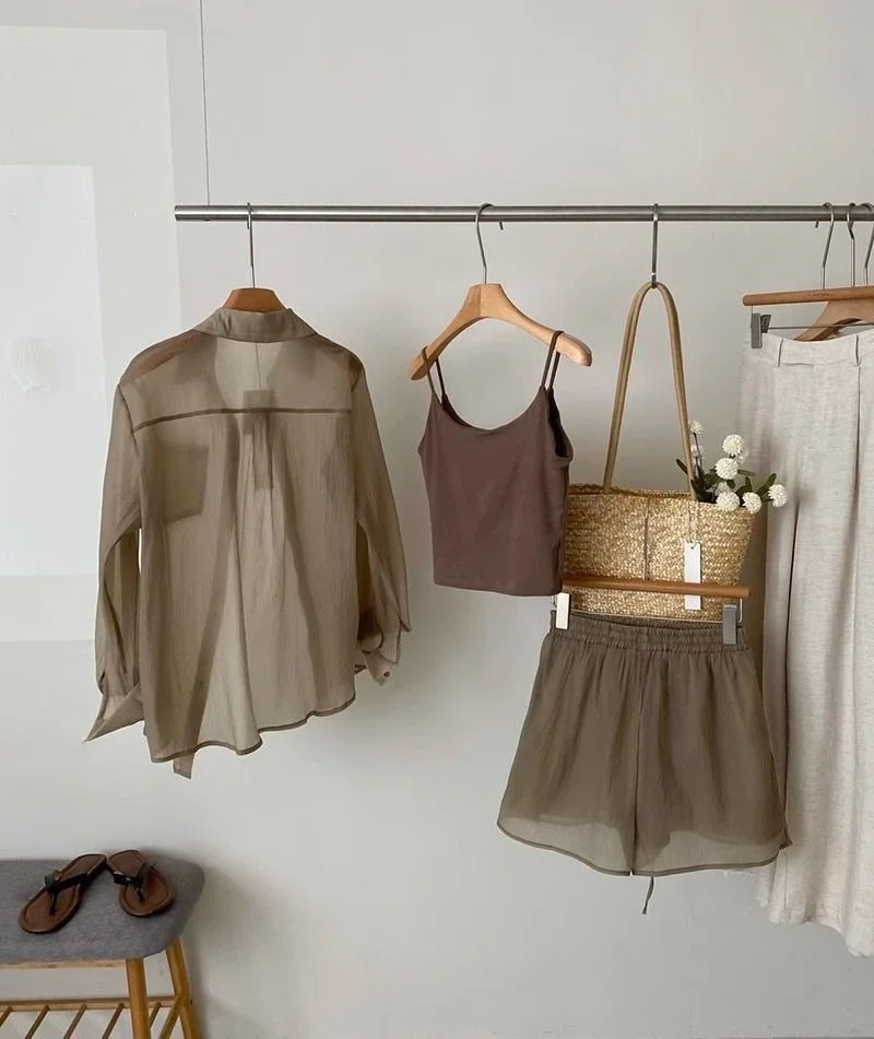

Tank Top Shirts & Blouses Coffee Color Woman Shorts New in Matching Bottom Coordinated Luxury Full Short Sets for Women 3 Pieces