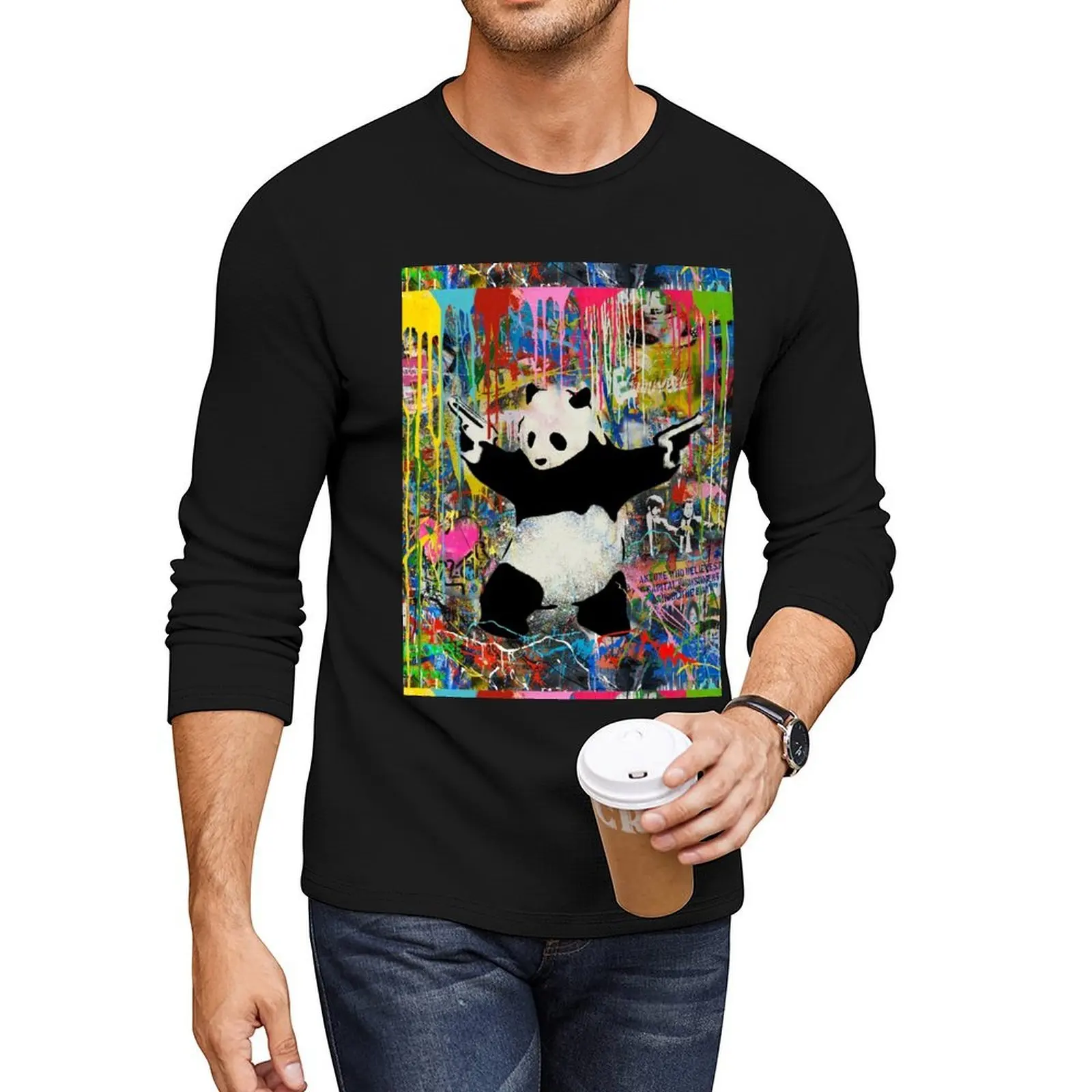 

Panda With Guns Stick Em Up - Urban Pop Art Banksy Long T-Shirt man clothes t shirts for men graphic