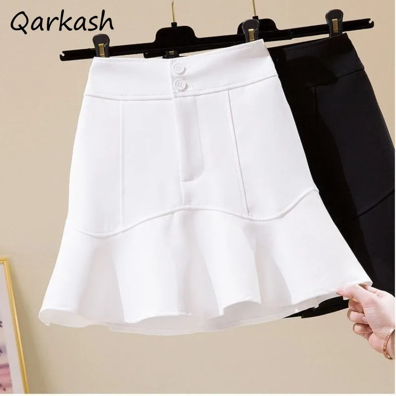 Skirts Women High Waist Trumpet Solid Button Fly Korean Style All-match Sweet Fresh Elegant Office Lady Ruffles Summer Fashion