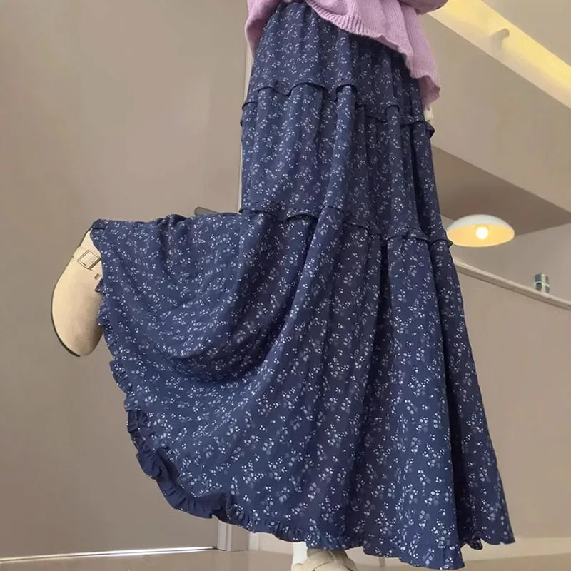 

Women' Skirts Vintage Blue Floral Print Long Skirts for Women Korean Casual Elastic High Waist Midi Skirts Female Streetwear New