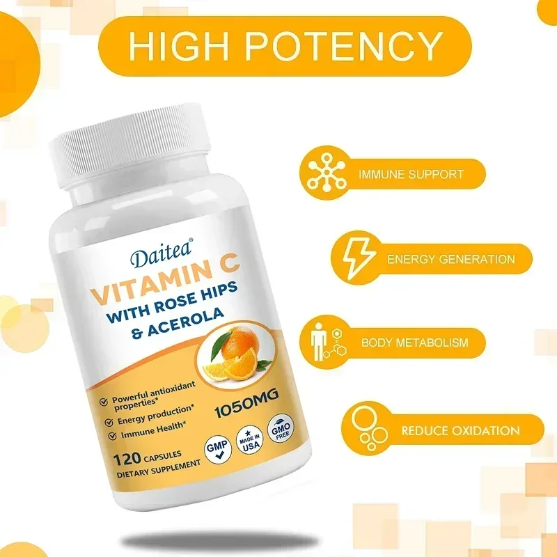 Vitamin C Timed Release with Rosehip & Acerola Bioflavonoids, All Day Immune Support, Energy, Antioxidants, Veggie Capsules