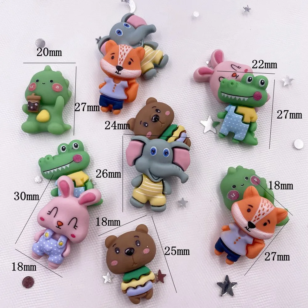 Hand Painted Resin Kawaii Colorful Rabbit Elephant Fox Bear Dinosaur Flatback Stone Figurine 12PCS Scrapbook DIY Decor Crafts