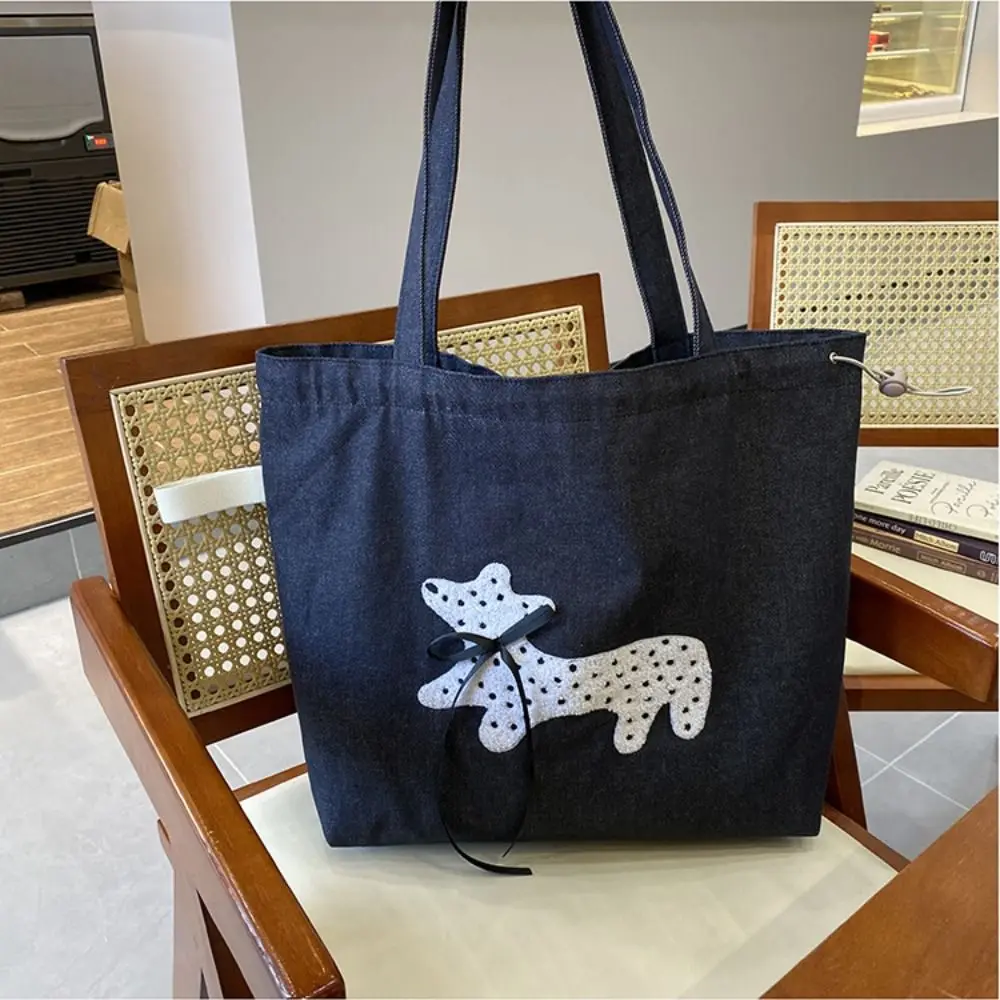 Сумка на плечо с бантом и пятнистой вышивкой на шнурке, парусиновая большая сумка с вышивкой щенка, легкая женская сумка большой вместимости