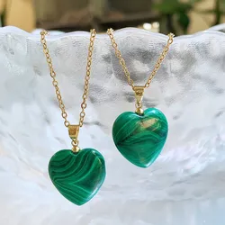 Real Natural Malachite Stone Pendant Necklace Healing Green Stone Heart Shaped Pendulum Charm Stainless Steel Chain Women Choker