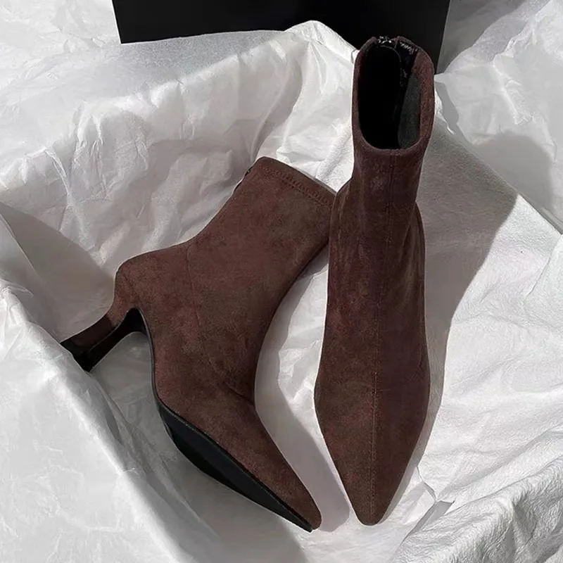 Botas femininas de bico fino, meias curtas com zíper lateral, salto alto grosso, outono e inverno