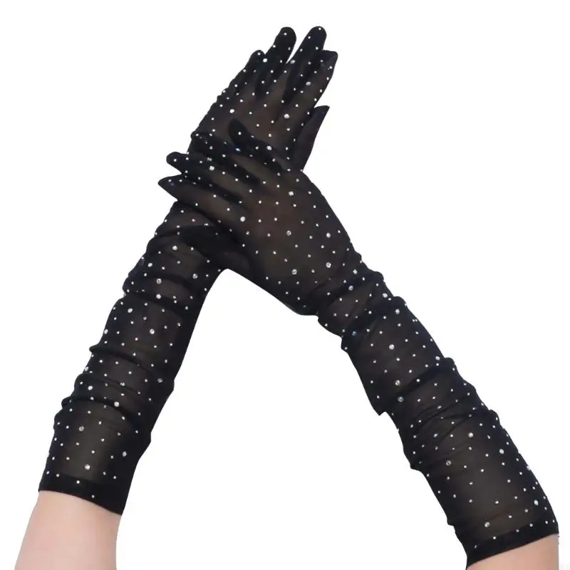 D0UD Women Bride Long Sleeve Gloves Nightclub Theme Party Gloves Dancing Party Full Finger Gloves Shinning Mitten