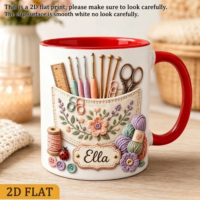 Custom Name Crochet Mug 2D Printing 11oz Ceramic Coffee Cup Yarn Scissors Design Gift for Grandma Crafter Mother Birthday