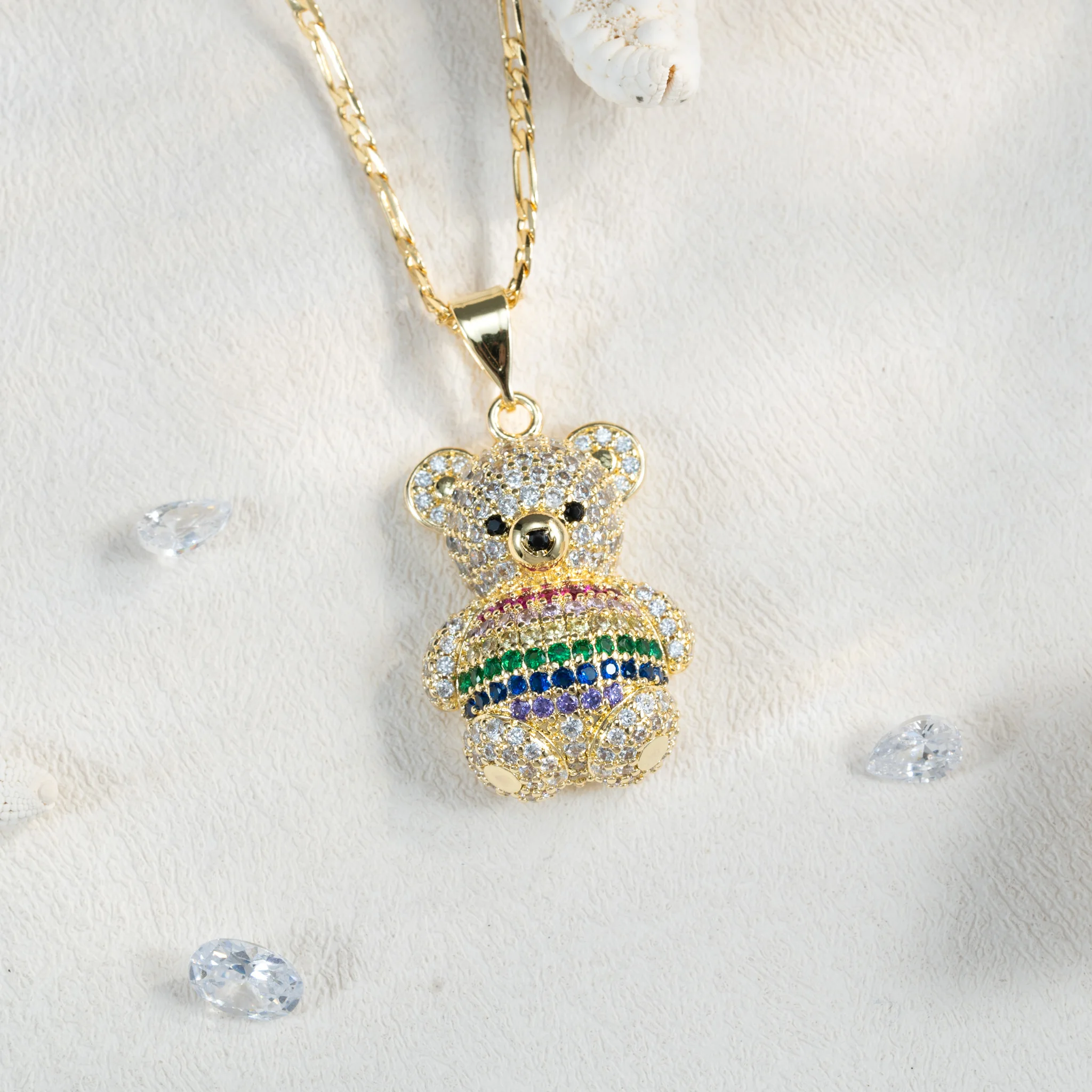 

Unique Design Teddy Bear Style Pendant Inlaid Color Zirconia Copper Plated 14K Gold Necklace For Woman&girl Fashion Jewelry Gift