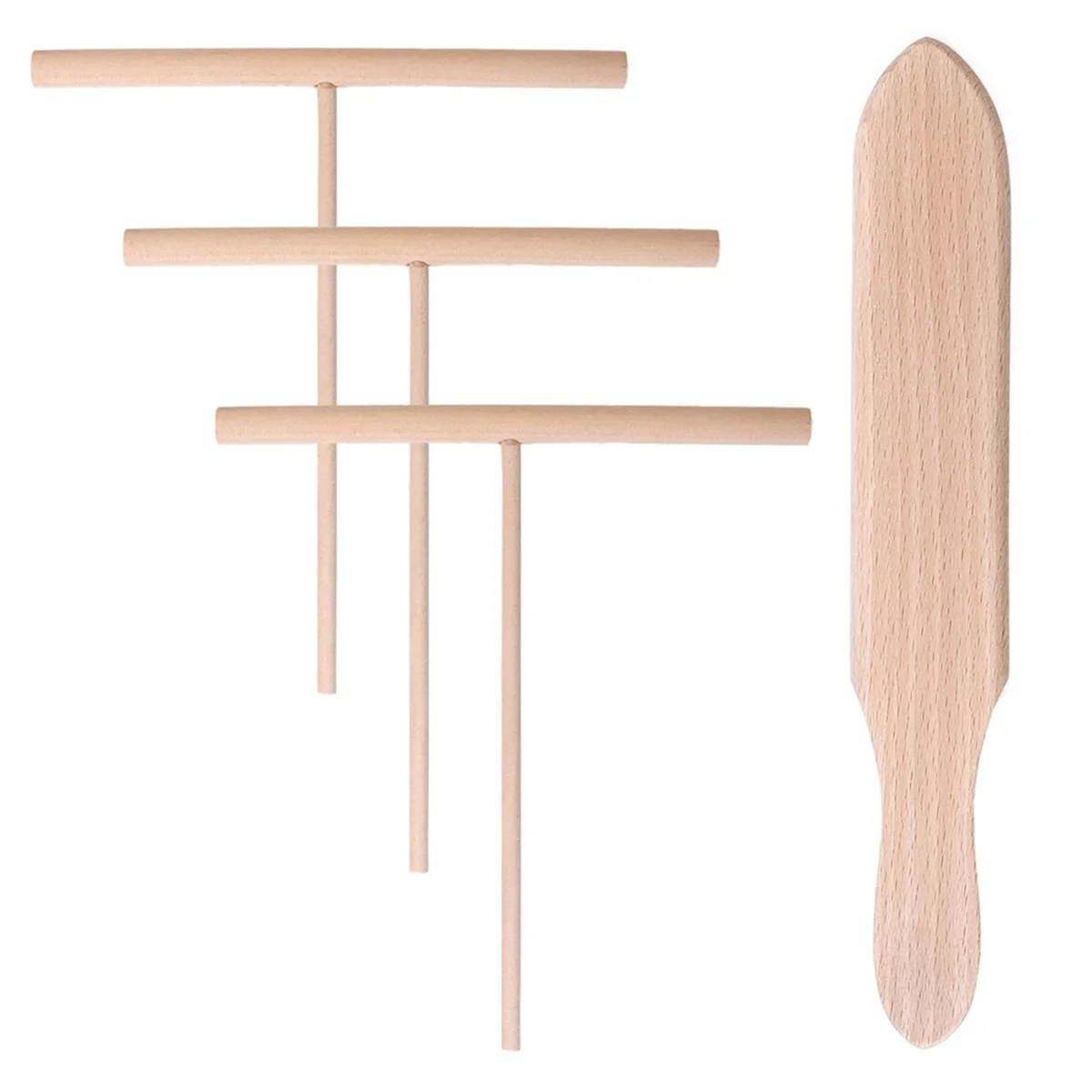 Spatula Set Wooden T Sticks for Spreading Pancake Batter, Set of 4 Utensils for Uniform Crepe Maker Kitchen Tool