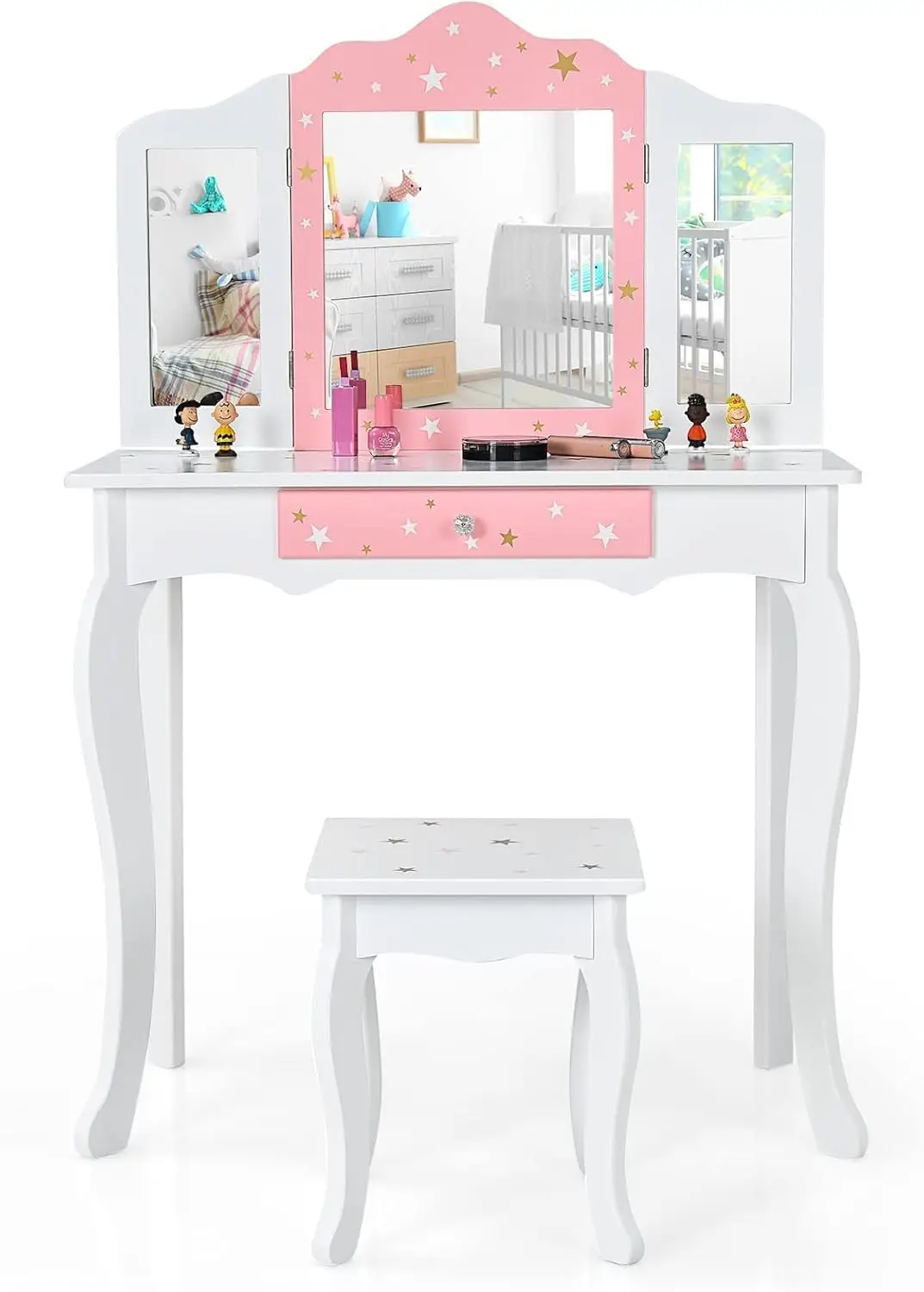 

Детский деревянный туалетный столик для девочек с пуфиком, трёхстворчатым зеркалом и съёмной столешницей для игр