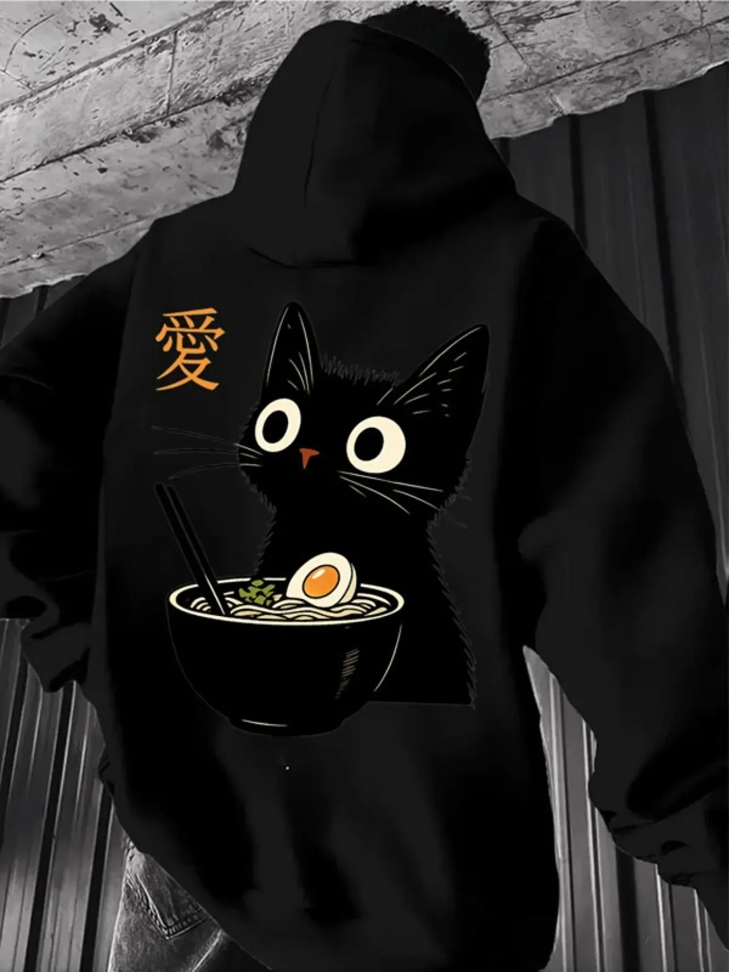 Men's Japanese Cat Hoodie Cute Black Cat Ramen Noodle Kanji Graphic Fleece Sweatshirt Streetwear Autumn Winter